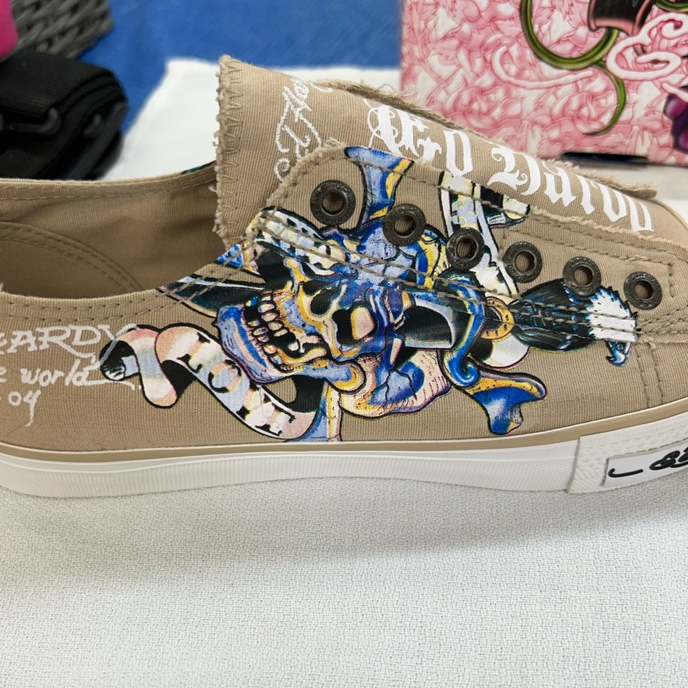 Ed Hardy Beige Slip-Ons with Blue Skull Art
